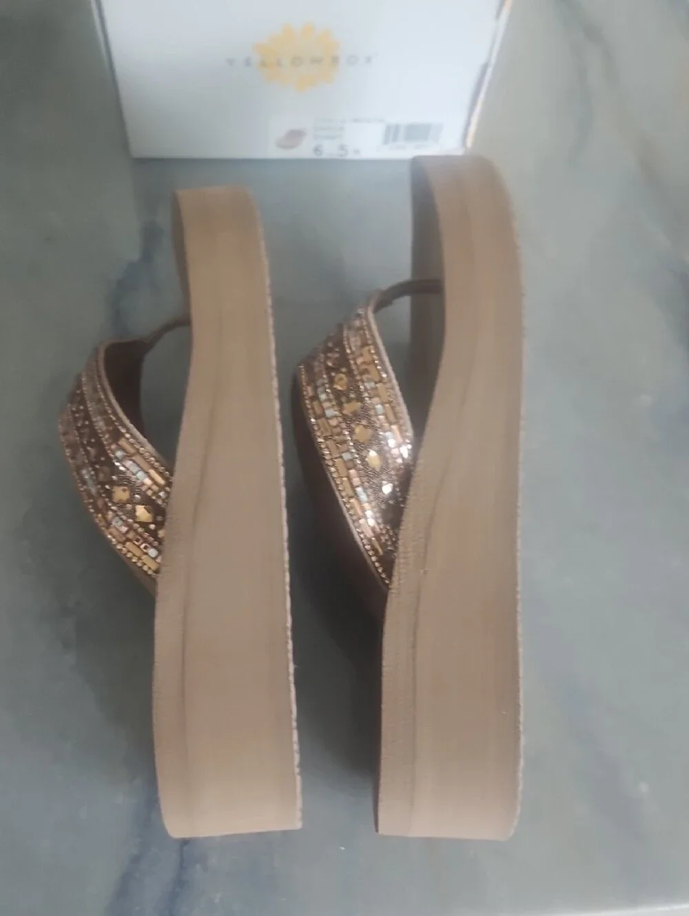Yellow Box Beaded Taupe Platform Thong Sandals